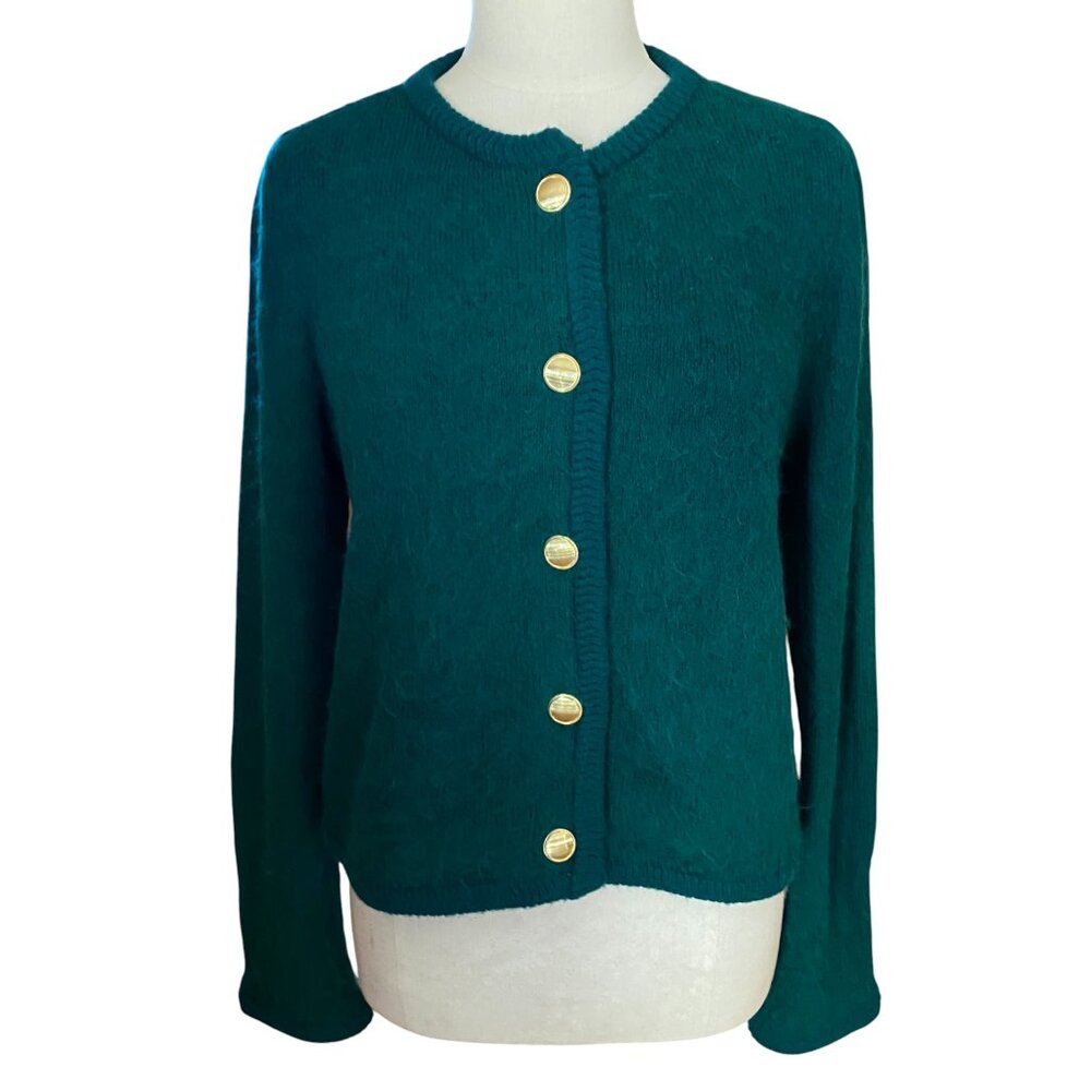Ann Taylor Fuzzy Knit Cardigan Sweater Sz L Emerald Green Gold Button Holiday